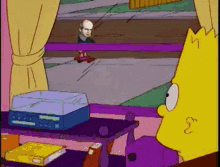 a cartoon of bart simpson looking out a window at a man