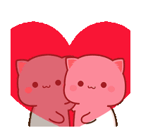 two pink cats are hugging each other in front of a heart shaped object .
