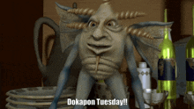 a monster with horns and the words dokapon tuesday written below it