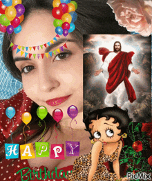 a picture of a woman with balloons and the words happy birthday on it