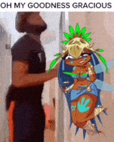 a man standing next to a cartoon character with the words oh my goodness gracious