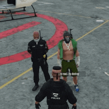 a screenshot of a video game shows a police officer talking to a shirtless man holding an umbrella