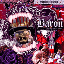 a picture of a vampire kisser baron surrounded by skulls and roses