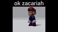 a cartoon character is standing on a white surface with the words `` ok zacariah '' written above him .
