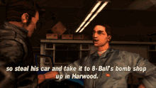 two men in a video game talking about stealing a car