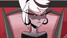 a cartoon character with white hair and red eyes looks angry