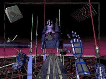 a computer generated image of a robot with a purple head and blue arms