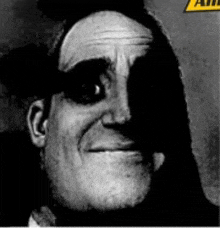 a black and white photo of a man 's face with a yellow sign in the corner .