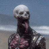 a statue of a skeleton with a tongue sticking out