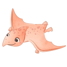 a cartoon illustration of a pink pterodactyl flying in the air