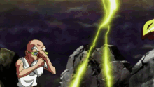 a bald man with glasses is covering his eyes from a lightning bolt