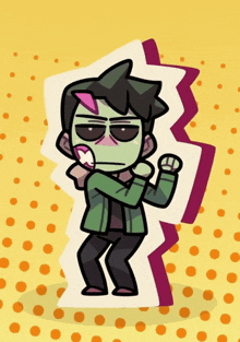 a cartoon drawing of a man with a green jacket