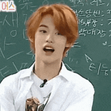 a young man with red hair is standing in front of a blackboard with chinese writing on it .