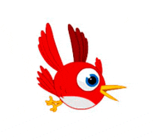 a cartoon red bird with blue eyes and a yellow beak is flying .