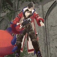 a man in a red coat is holding a sword and standing next to a red monster