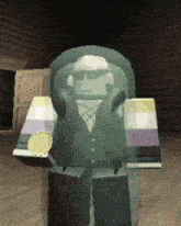 a cartoon character is holding a gold coin and wearing sunglasses while standing in a dark room .