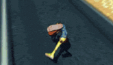 a cartoon character is doing a handstand in front of a bridge