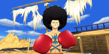 a man with an afro and red boxing gloves has a tattoo of a skull on his chest