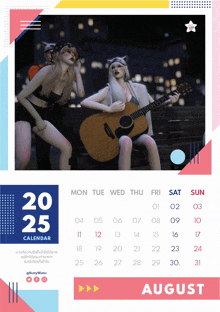 a calendar for the month of august with a picture of two women playing guitars