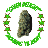 a green delight logo with a marijuana plant