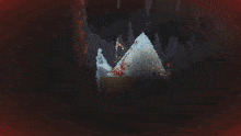 a pixel art of a cave with a red background and a yellow light coming out of it
