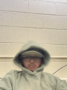 a blurry picture of a man wearing a hoodie and glasses