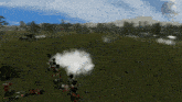 a screenshot of a video game shows soldiers firing a cannon in a field