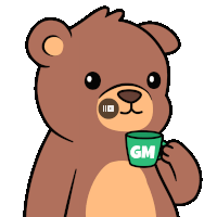 a brown teddy bear is holding a green mug that says gm on it