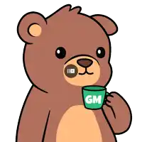 a brown teddy bear is holding a green mug that says gm on it