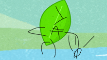 a cartoon drawing of a green leaf with a face and arms