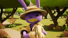 a purple cartoon character wearing a hat holds a stick