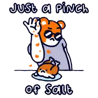 a cartoon of a bear spreading salt on a chicken with the words just a pinch of salt below it