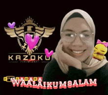 a woman wearing glasses and a hijab is smiling in front of a logo for kazoku