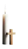 a white candle with a wooden cross behind it