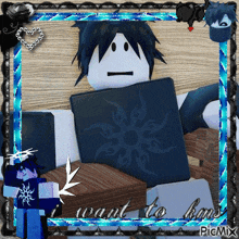 a picture of a roblox character holding a laptop with the words i want to home on it