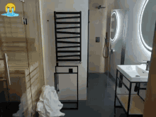 a bathroom with a towel rack and a sink and a mirror