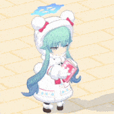 a little girl with green hair is holding a card