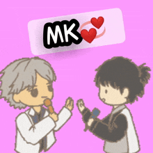 a cartoon drawing of a man holding a microphone next to a sign that says mk on it