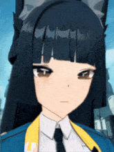 a close up of a cartoon character with the letter l on her collar