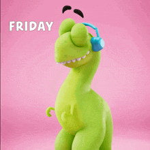 a cartoon dinosaur wearing headphones and the word friday on the bottom