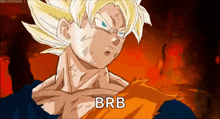 a close up of a cartoon character with the words `` brb '' on his face .