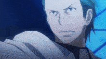a close up of a man with green hair and a white shirt