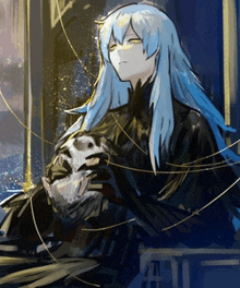 a drawing of a girl with blue hair holding a rabbit