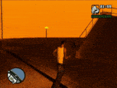 a video game screen shows a man walking down stairs and the time is 22:03
