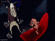 a cartoon character is talking to another cartoon character who is sitting on a red couch ..