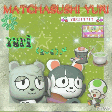a picture of two cartoon characters with the words matcha sushi yuri on it