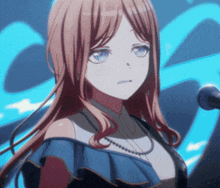 a girl with long hair is standing in front of a microphone and making a face