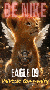 a poster for the eagle 09 universe community features a lion cub with white wings
