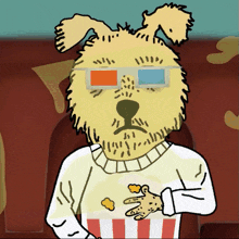 a cartoon of a dog wearing 3d glasses and eating popcorn