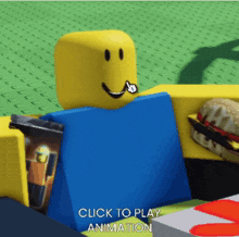 a yellow and blue roblox character with the words click to play animation on the bottom right